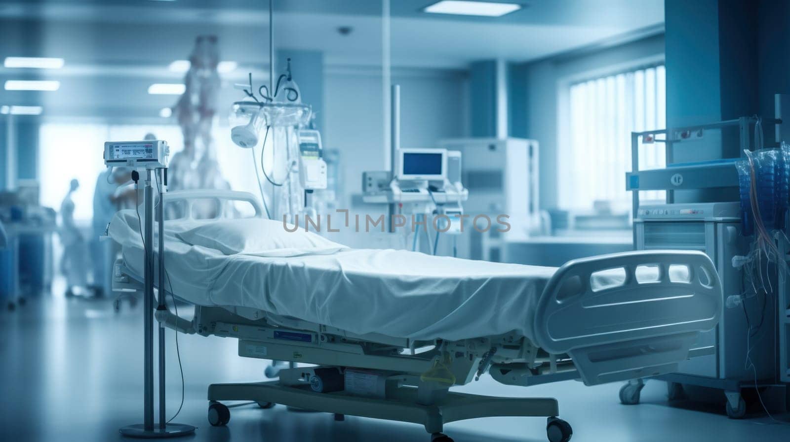 Contemporary Hospital Room with Advanced Medical Equipment and an Empty Bed for Patients.