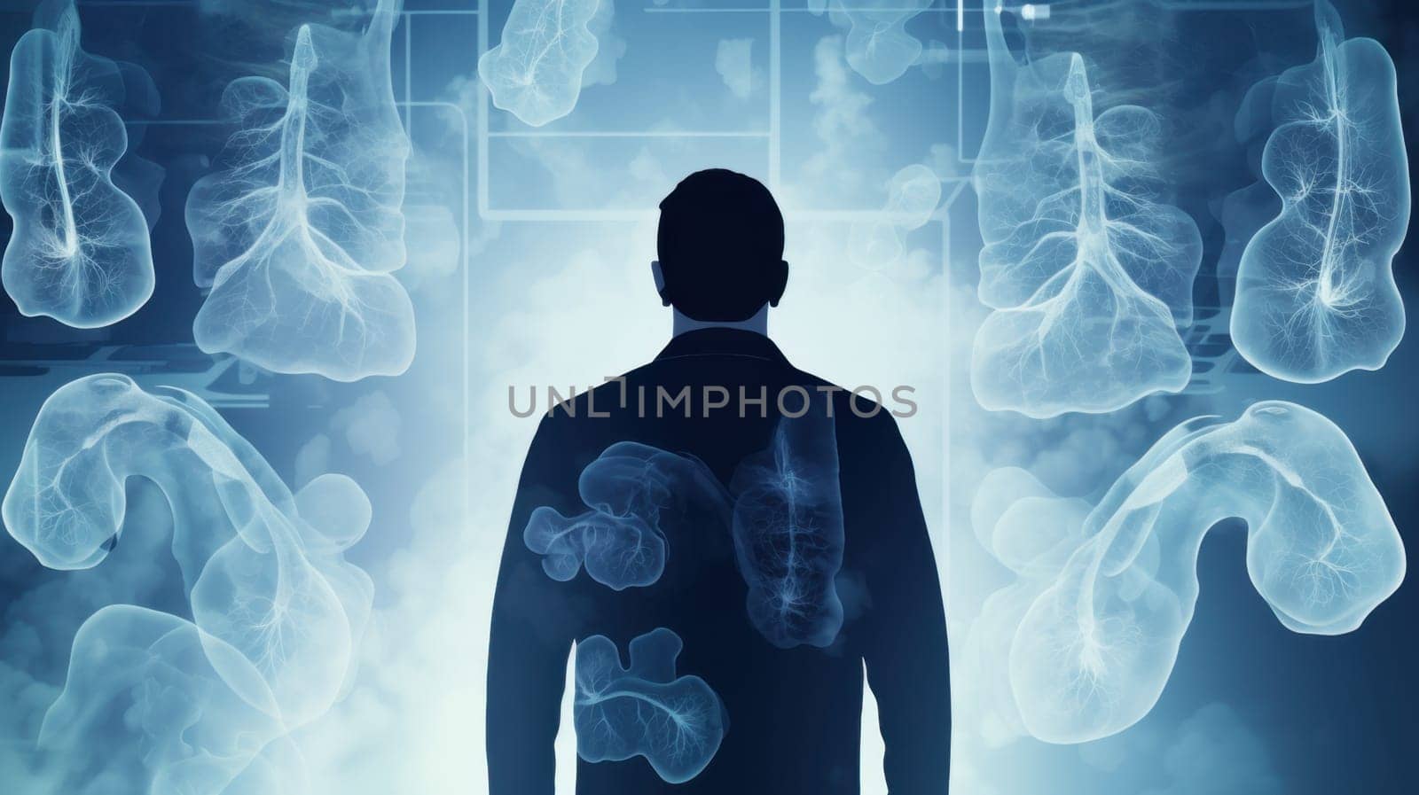 Man viewing a 3D rendering of the human lungs on a digital display.