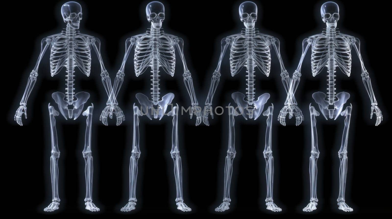 Creative Illustration of Four Skeletons Holding Hands Together on a Black Background.