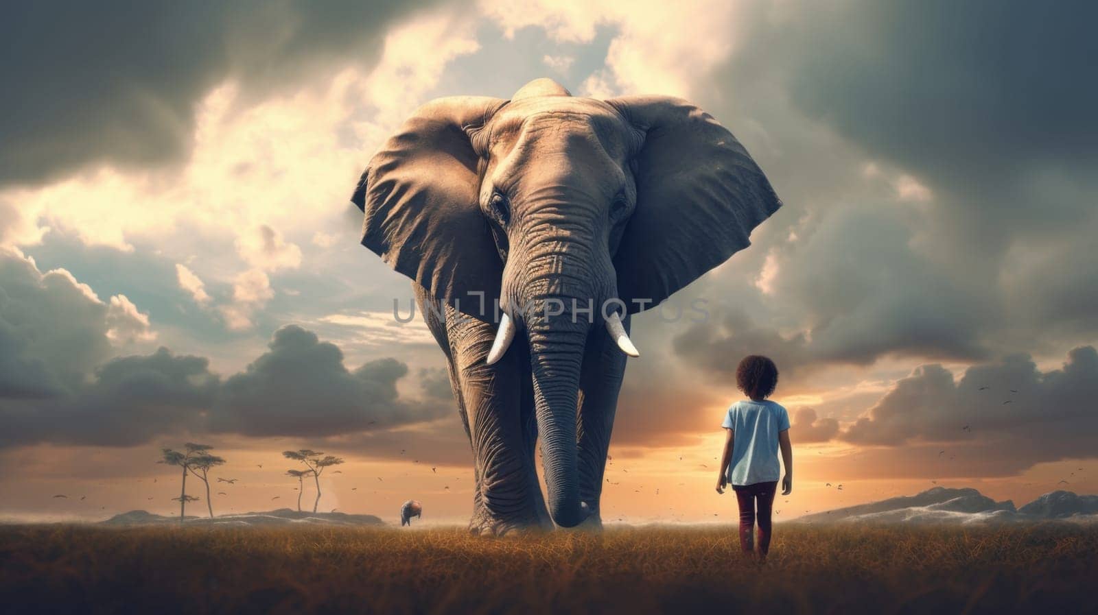 A young girl in a blue dress stands in awe next to a majestic elephant in the middle of a grassy field as the sun sets in the background. Both are looking at each other.