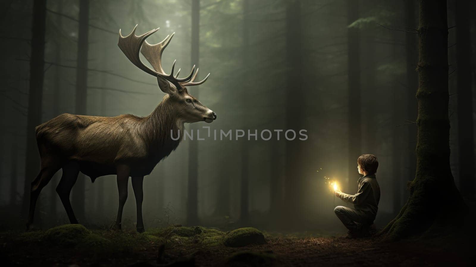 In a mystical forest shrouded in mist, a young boy kneels in awe as he encounters a majestic deer whose antlers glow with an enchanting light, creating a magical moment of connection with nature.