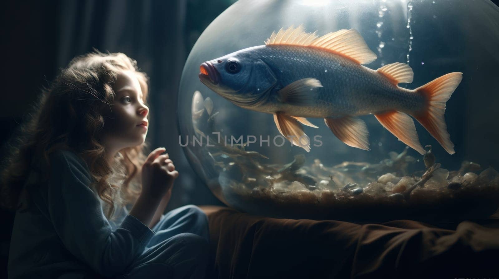 A little girl is fascinated as she watches a large fish swim in a bowl. The fish moves gracefully, capturing her attention while she sits on a chair beside the table.