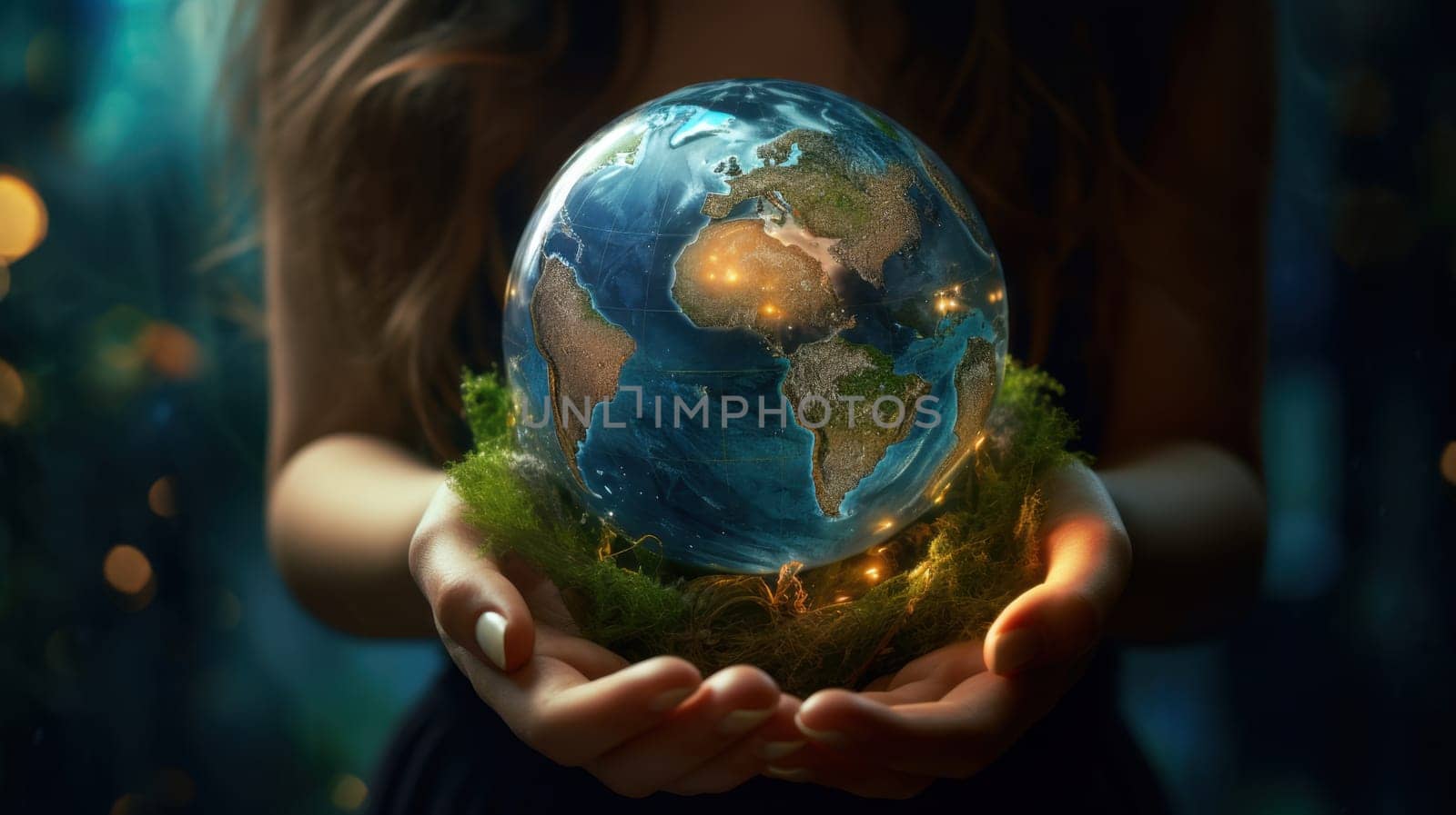 A woman gently holds a glowing blue and green planet Earth in her hands, surrounded by a breathtaking starry night sky that evokes feelings of wonder, beauty, and a connection to the universe.