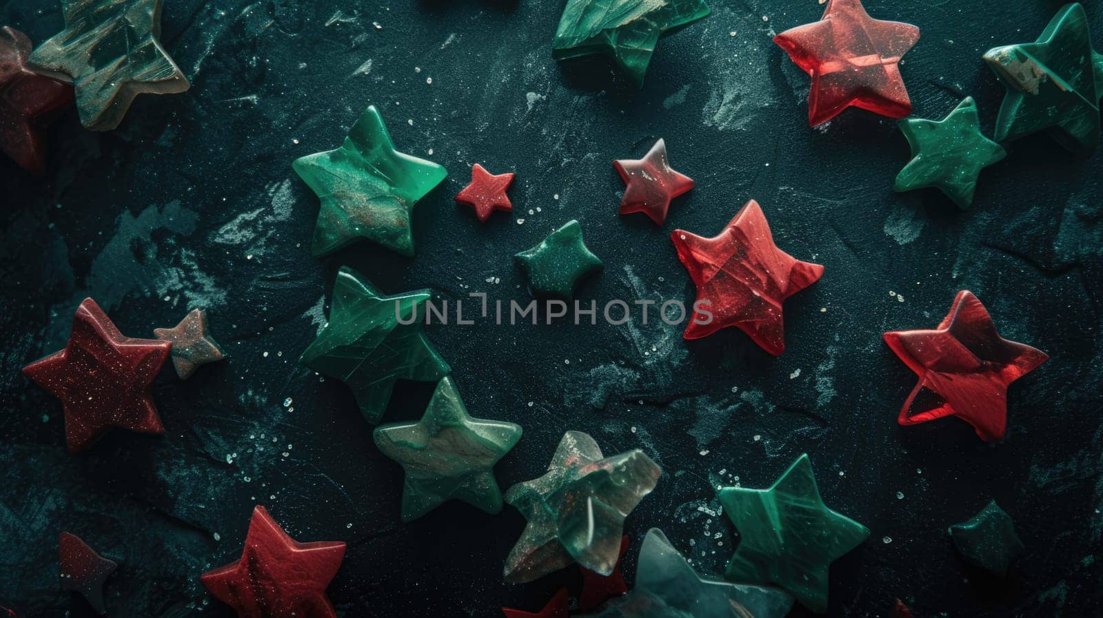 Vibrant Colorful Stone Stars on Elegant Black Background, Closeup Shot with Stunning Visual Impact.