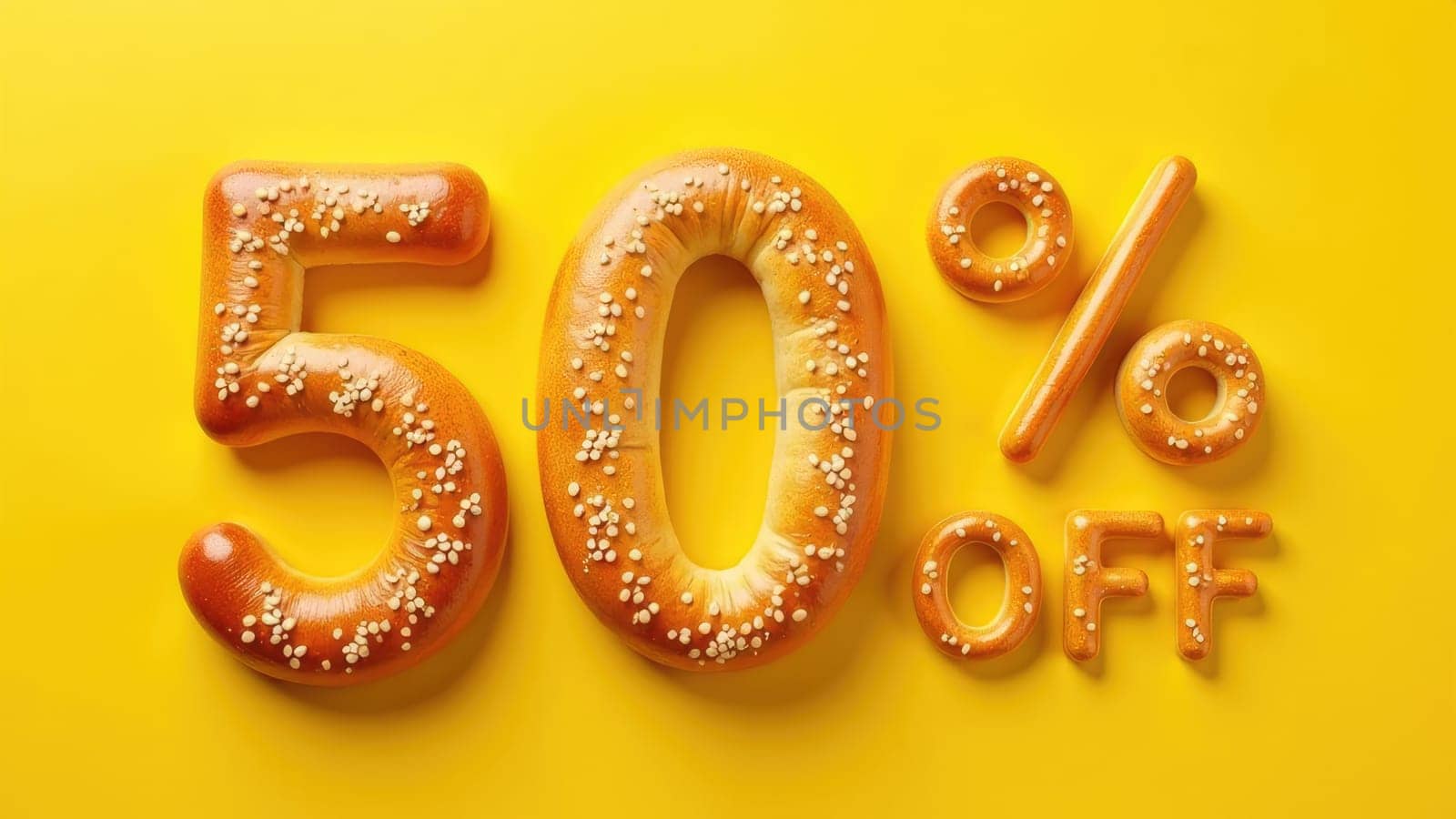Assorted bakery products arranged as 50 off sale on yellow background.