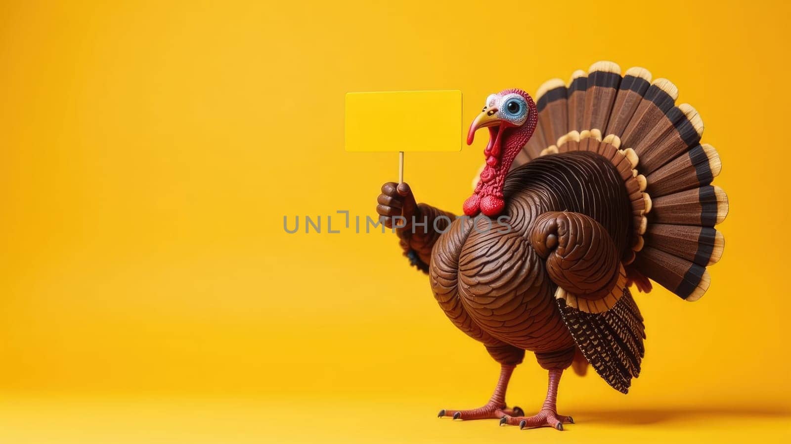Funny Cartoon Turkey Holding Blank Sign On Vibrant Orange Background For Thanksgiving Projects.