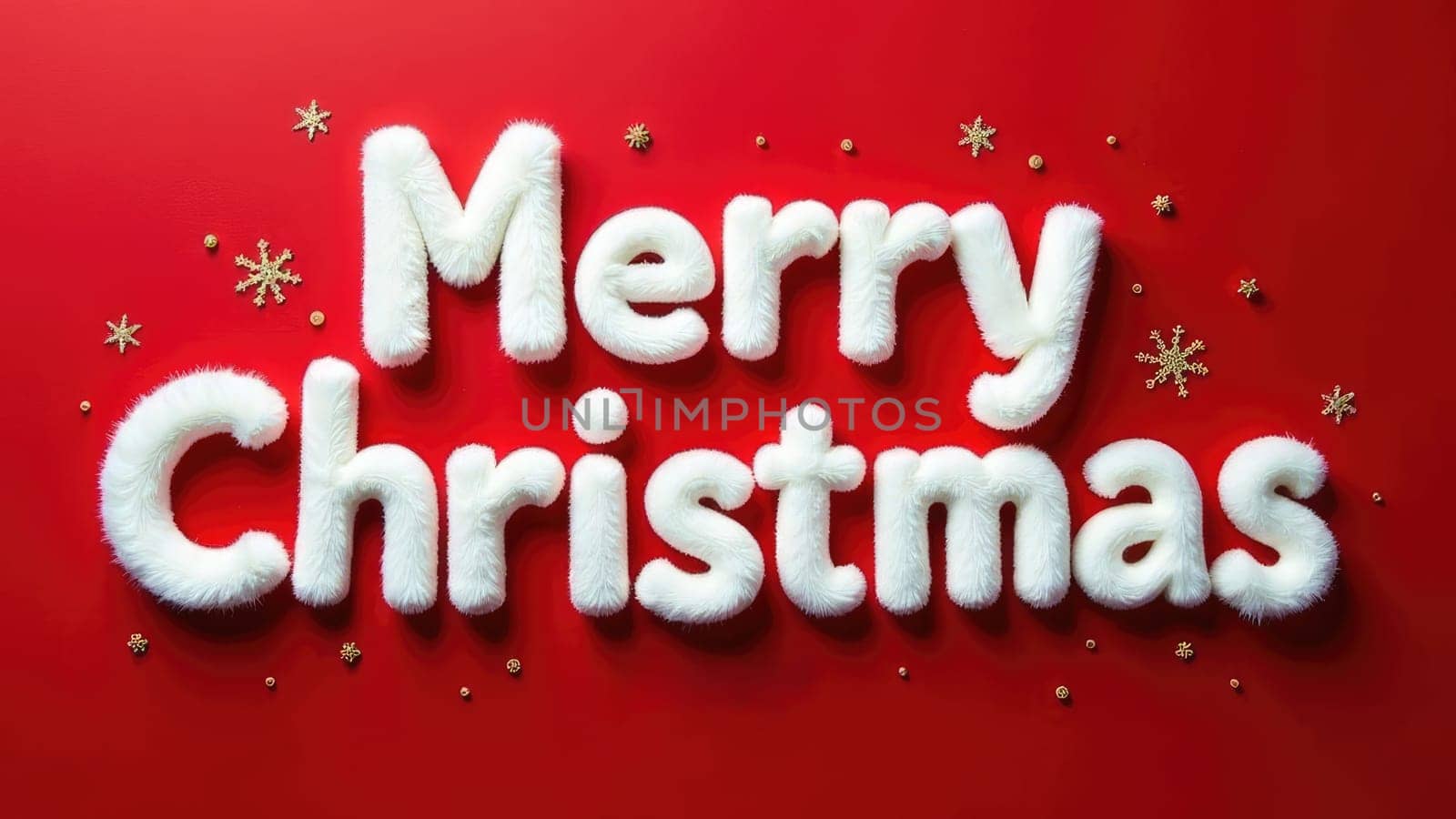 Festive White Furry Letters Spelling Merry Christmas on Bright Red Background for Holiday Cheer.