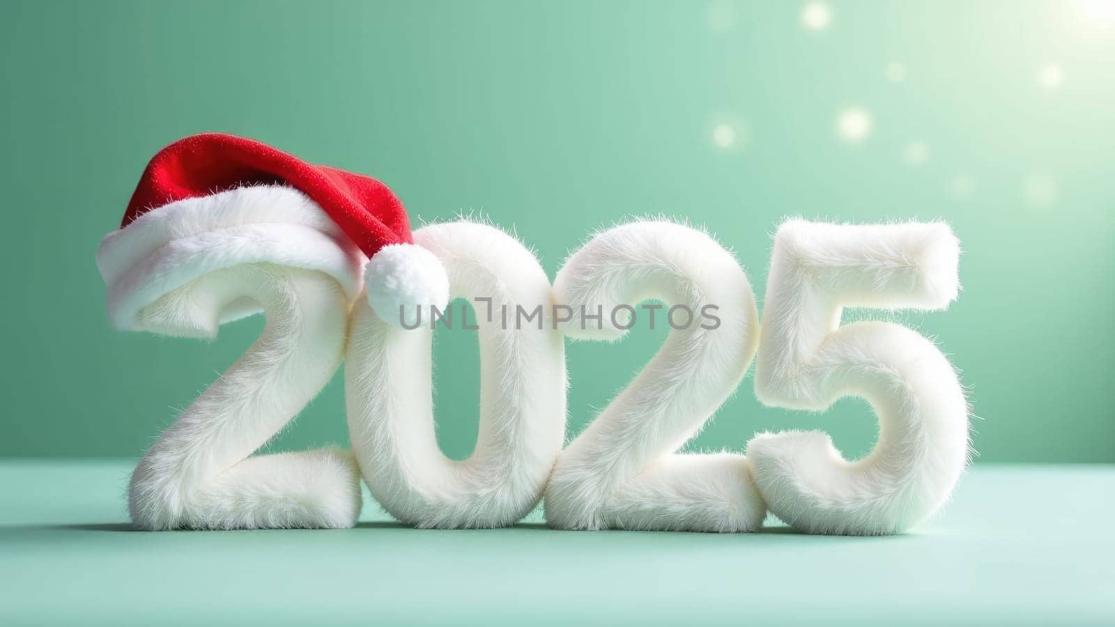 Soft and furry white 2025 New year with a red Santa hat on a pastel green background