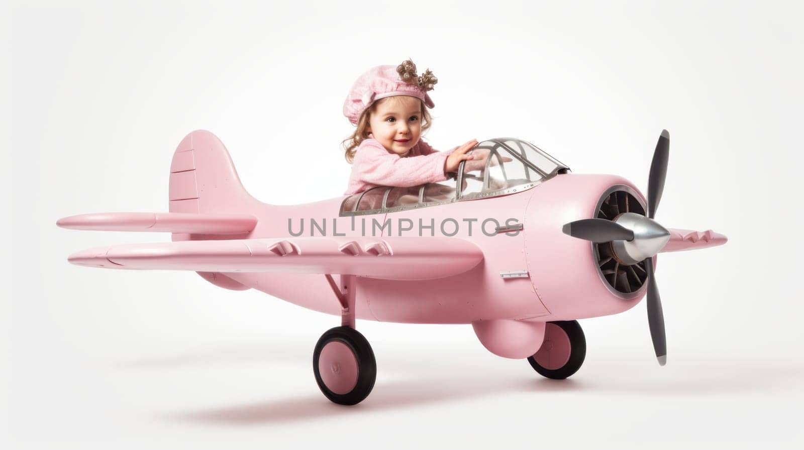 A cute little girl in a pink coat and hat sits in the cockpit of a vintage airplane. The child looks out the window with a joyful and excited expression, dreaming of adventure and flight.