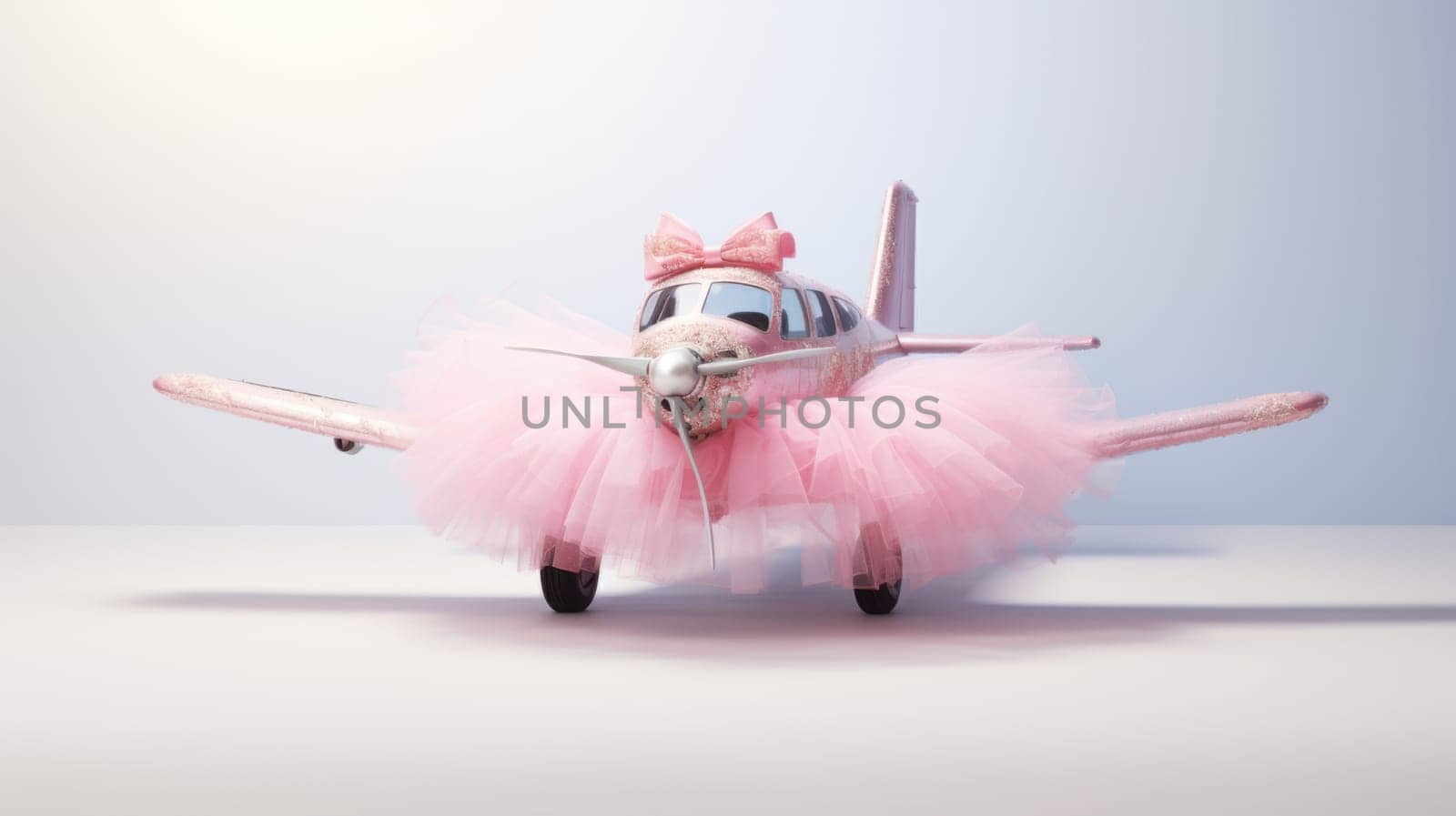 A charming pink toy airplane adorned with a bow and a fluffy pink tutu skirt. Isolated on a white background, this whimsical design is ideal for creative projects and playful themes.