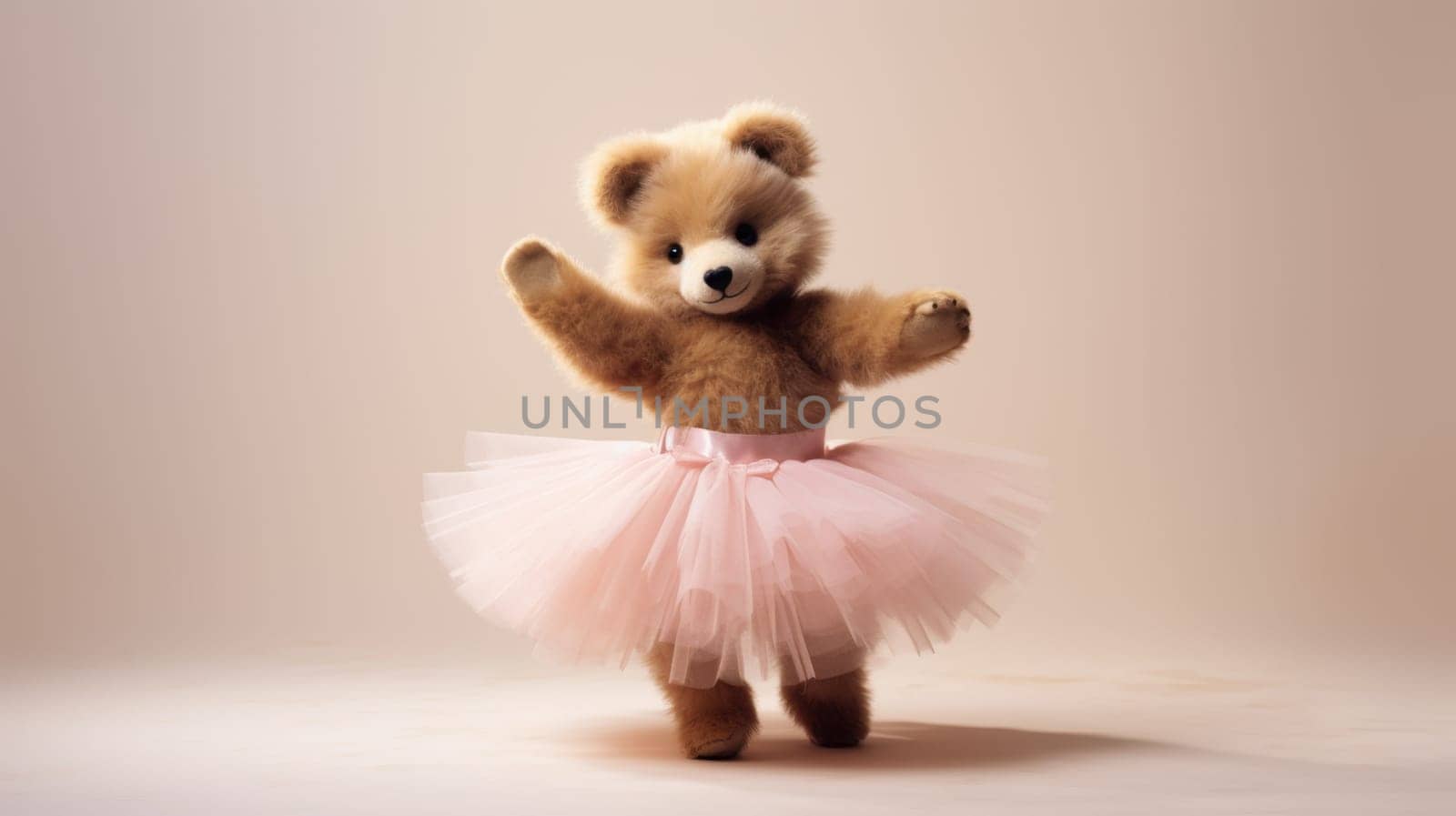 An adorable teddy bear wearing a fluffy pink tutu skirt, isolated on a beige background. Perfect for childrens book illustrations, birthday cards, and party invitations.