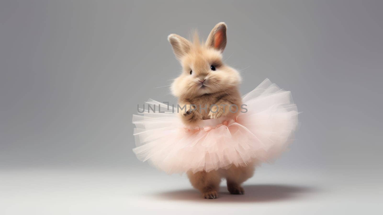A cute bunny rabbit wearing a fluffy pink tutu skirt, perfect for childrens book illustrations, Easter marketing, or any whimsical project. Isolated on a light gray background for easy integration.
