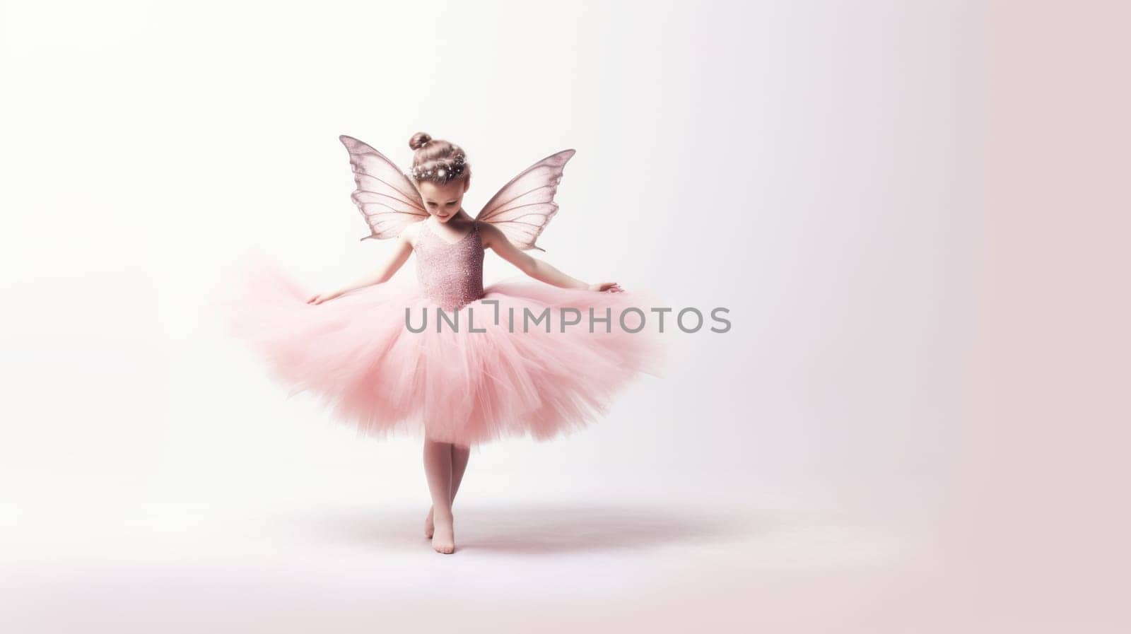 A young ballerina in a pink tutu with delicate butterfly wings poses gracefully against a white background. The image captures enchantment, childhood dreams, and the beauty of dance.