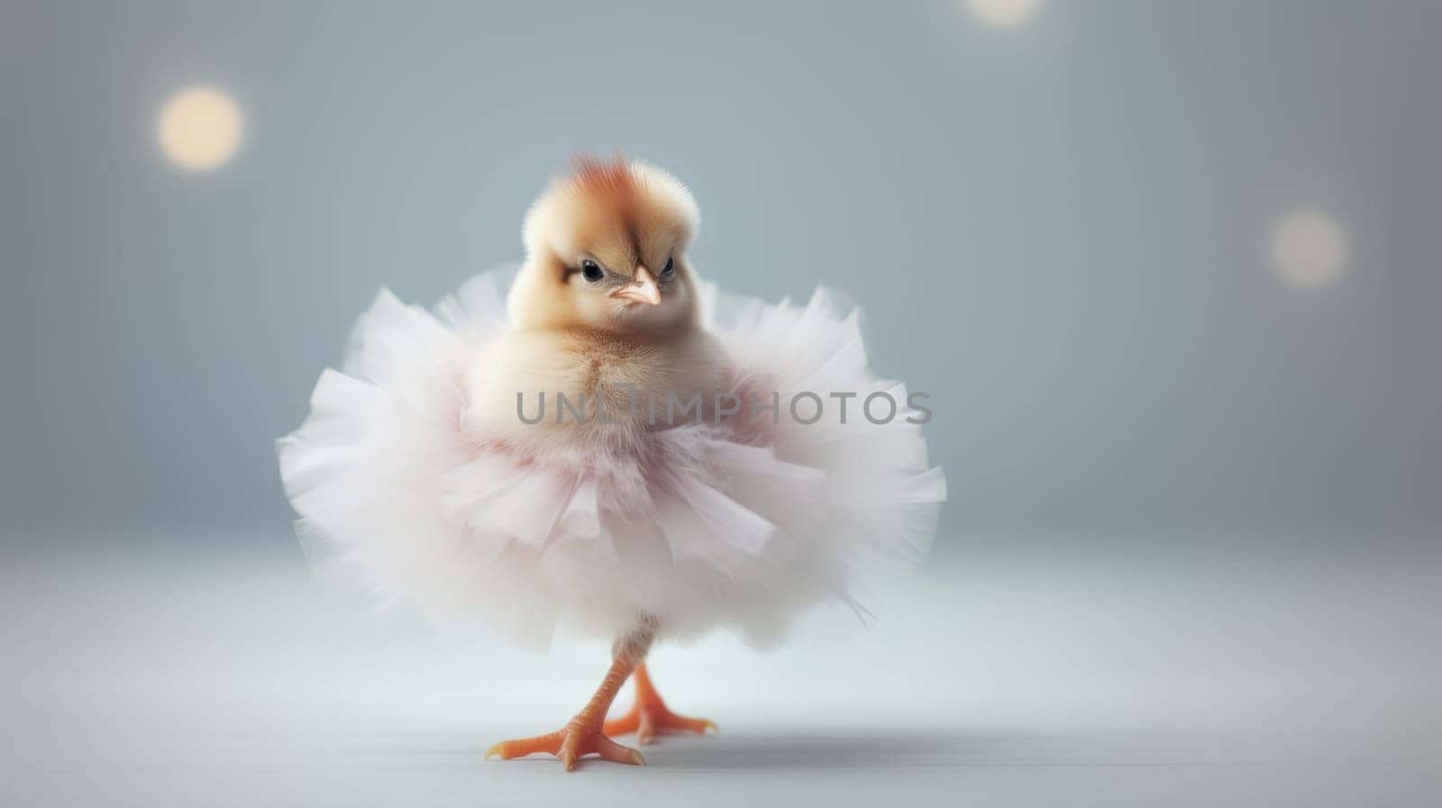 An adorable baby chicken in a fluffy pink tutu skirt stands on a pastel blue background. It looks off to the side with a curious expression. The vibrant colors and lighting enhance the charm.