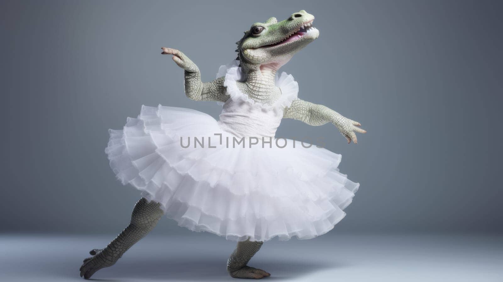 This image features a crocodile in a white tutu dress, standing on its hind legs with arms raised, mouth open in surprise. The light grey background enhances the whimsical scene.
