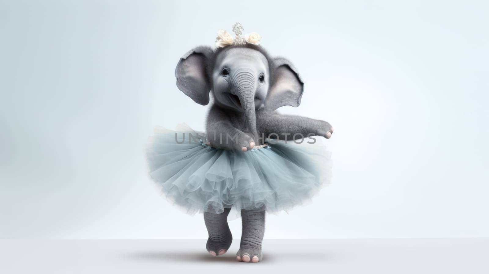An elephant dressed in a vibrant tutu is elegantly dancing ballet. The charming scene features the elephant on a soft light blue background, creating a whimsical and joyful atmosphere.