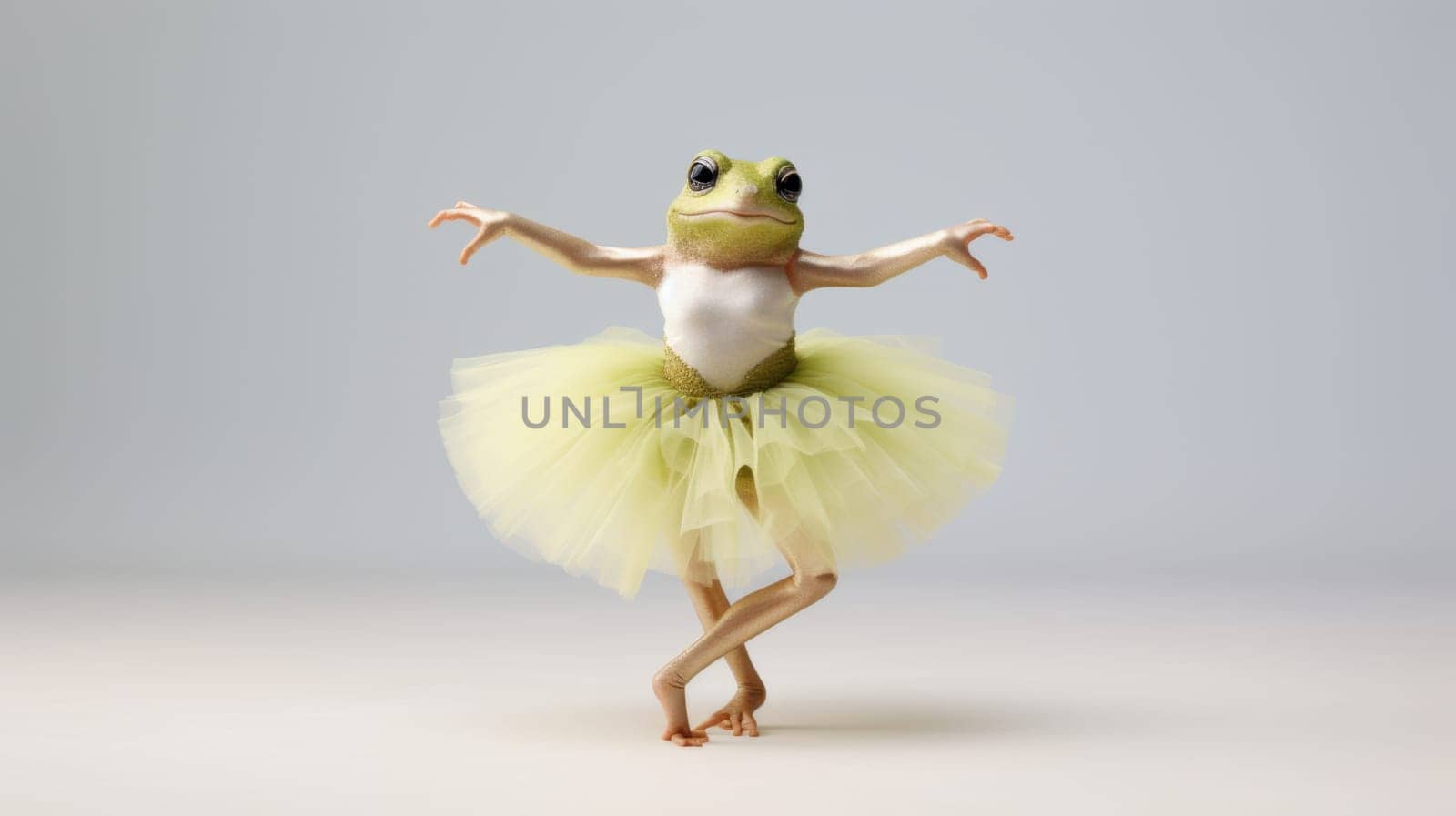 The frog is wearing a surprised expression with wide eyes and a mouth agape, arms outstretched in shock. It stands prominently on a white background, exuding a playful, retro vibe.
