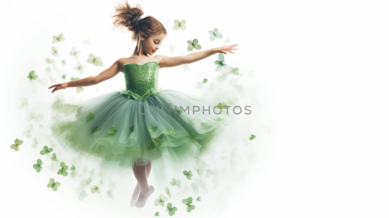 A young ballerina dances gracefully in a beautiful green dress, surrounded by fluttering butterflies on a soft white background. She wears pointe shoes in a studio setting.