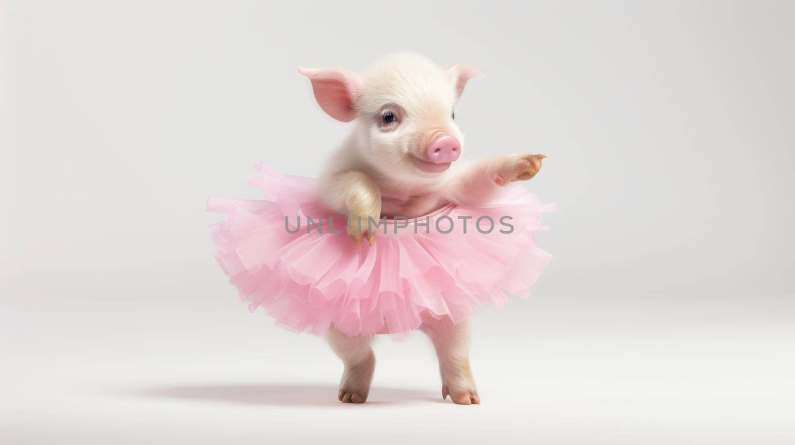 An adorable piglet in a fluffy pink tutu stands on a white background, looking at the camera with a tilted head. This image is perfect for childrens books, greeting cards, and animal stories.