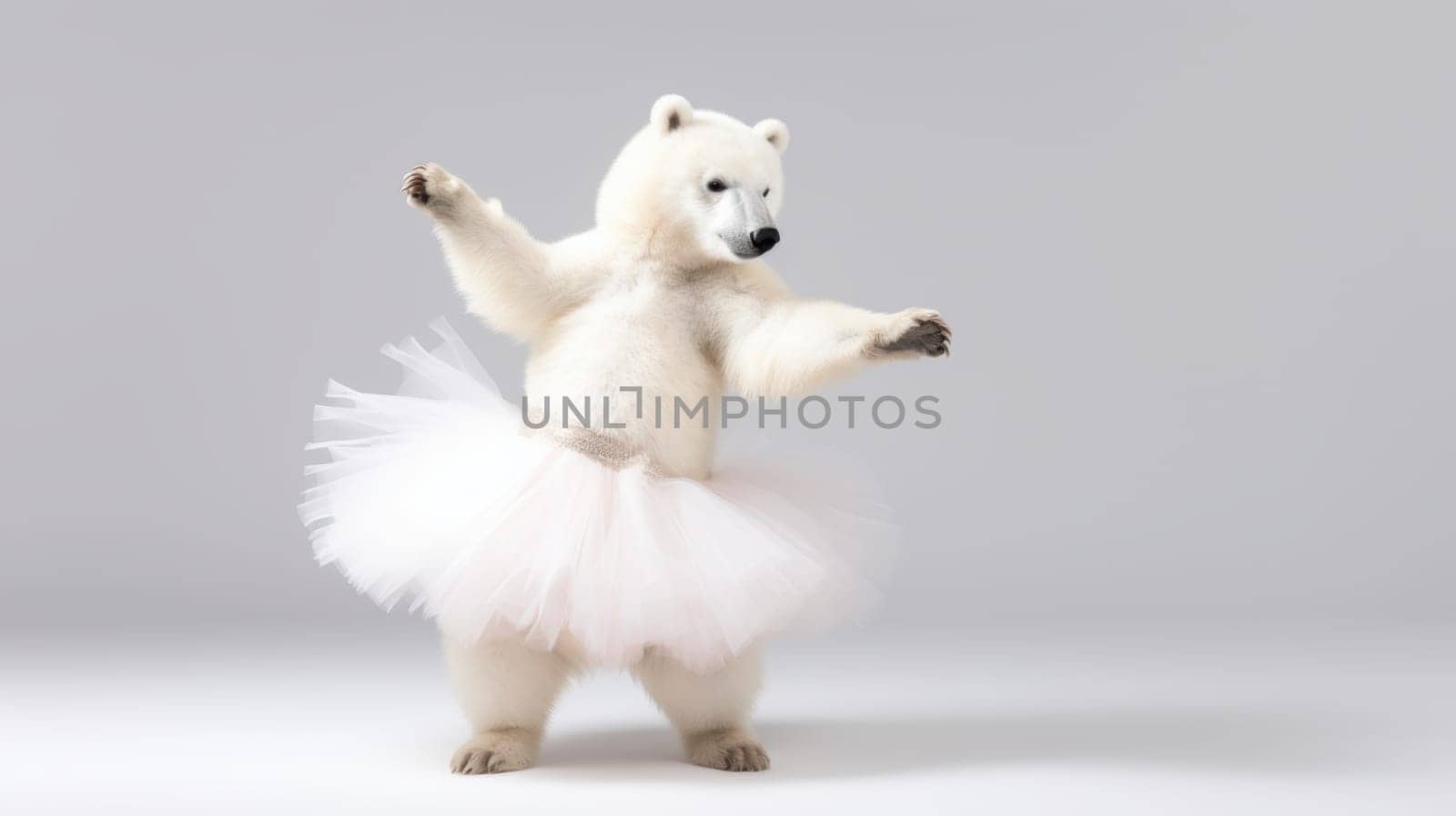 A polar bear in a pink tutu is dancing happily on a solid white background, standing on its hind legs with arms outstretched, showcasing a delightful and playful expression.