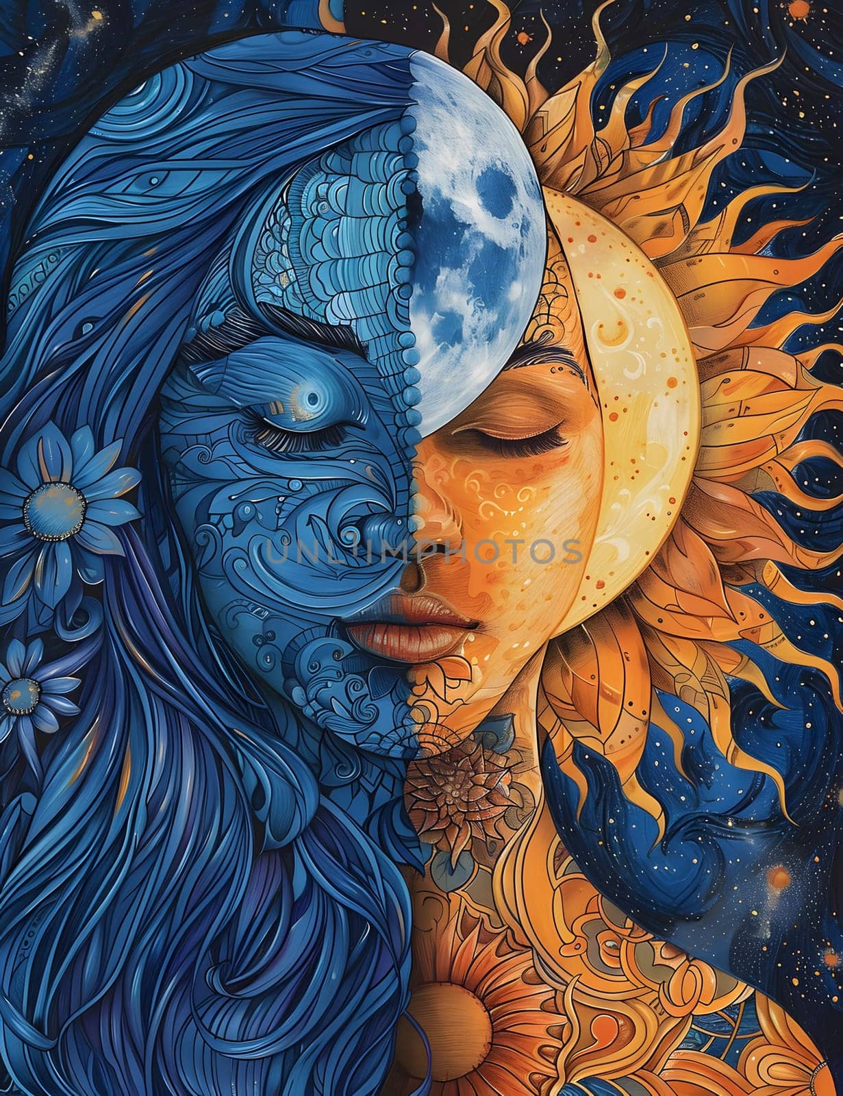 An artistic painting depicting a woman with half of her face illuminated by the sun and the other half by the moon. The use of electric blue adds a mystical element to the visual arts illustration