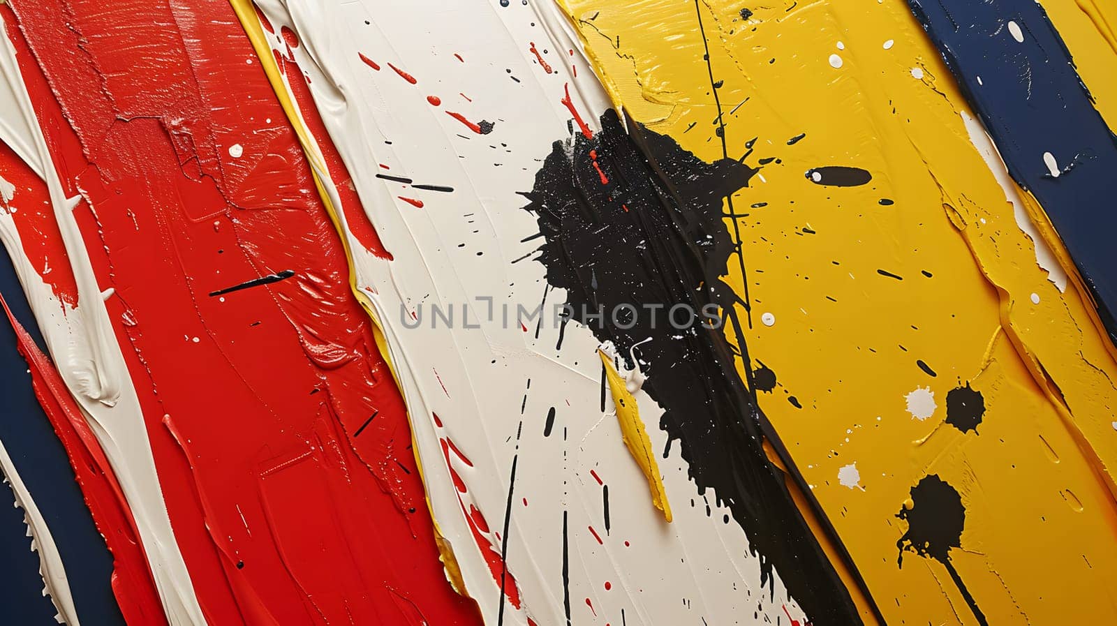 Vibrant abstract painting with colorful paint splashes and textured strokes.