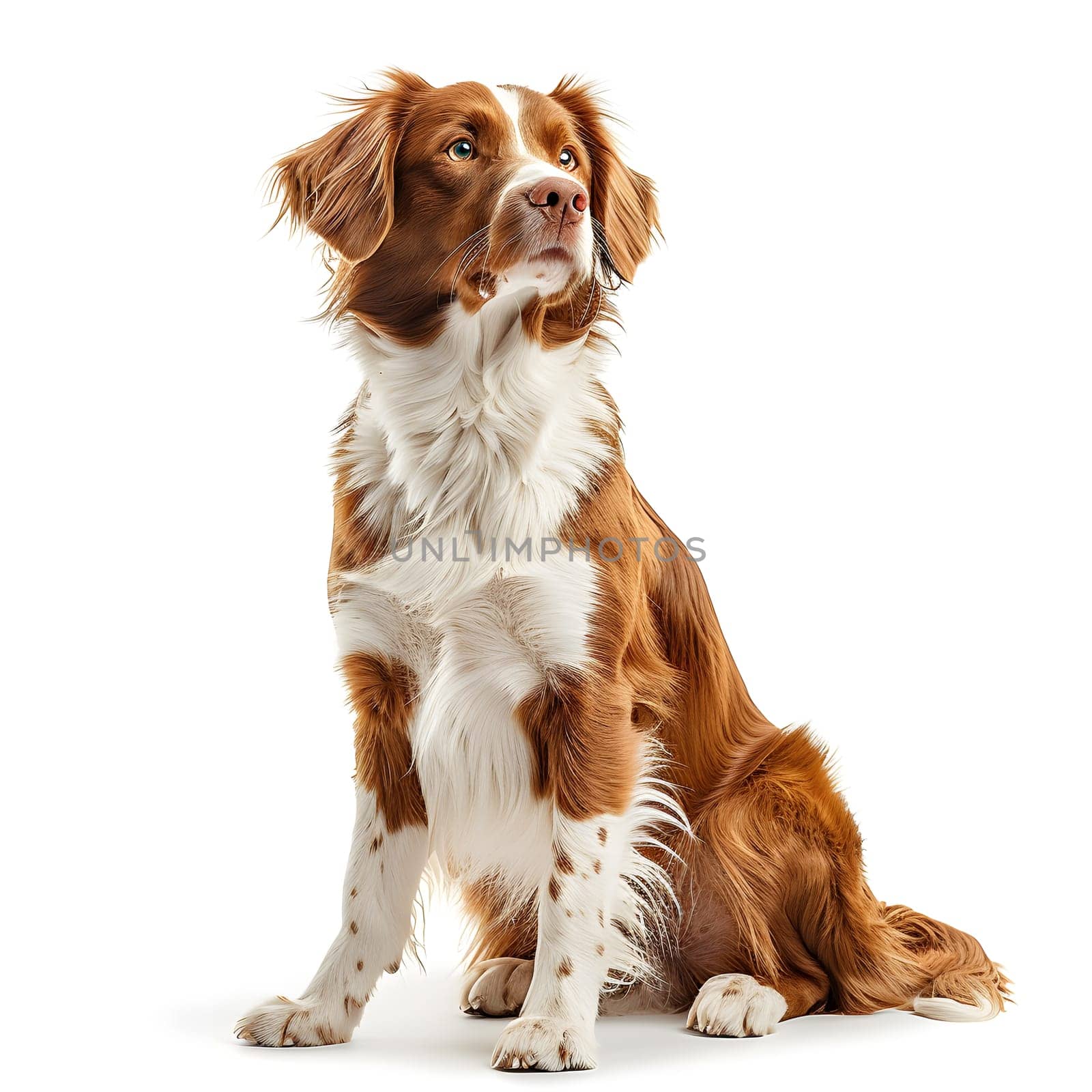 A liver and white hunting dog, belonging to the sporting group and known for its strong sense of smell, is sitting on a white background and gazing upward
