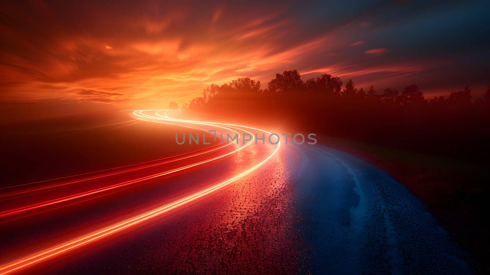 An automotive lighting illuminates the asphalt road at night, with a sunset turning the sky into shades of orange and natural landscape creating a mesmerizing horizon