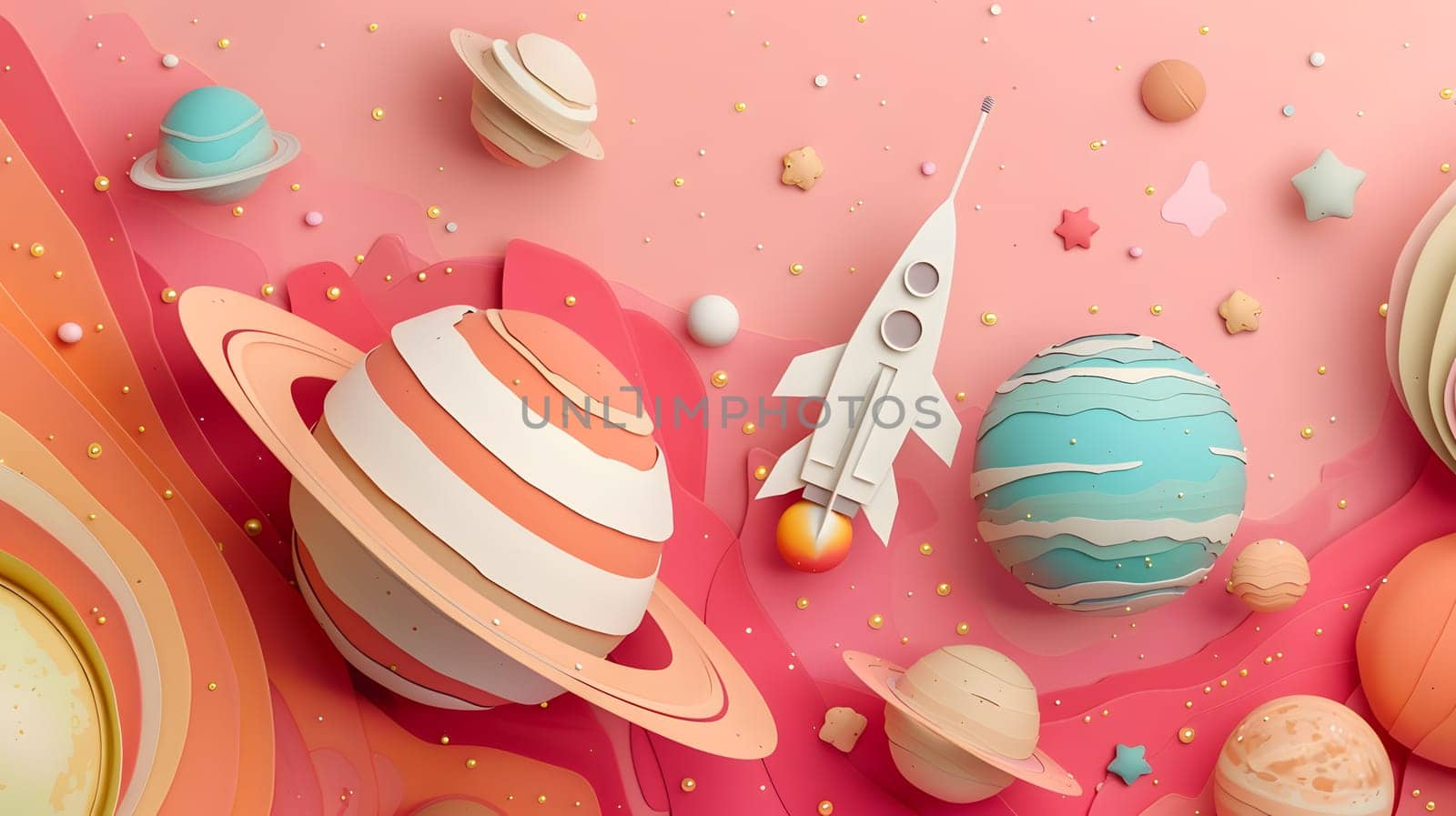 Illustration of vibrant planets and rocket ship in colorful outer space