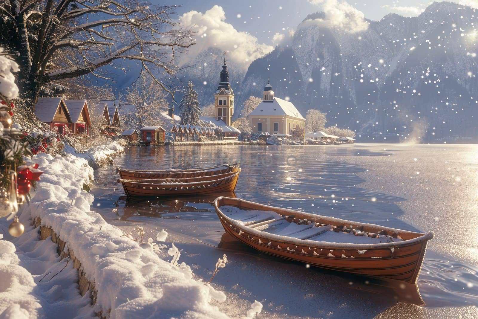 A serene winter scene with snowcovered boats anchored by a tranquil lake, surrounded by majestic mountains