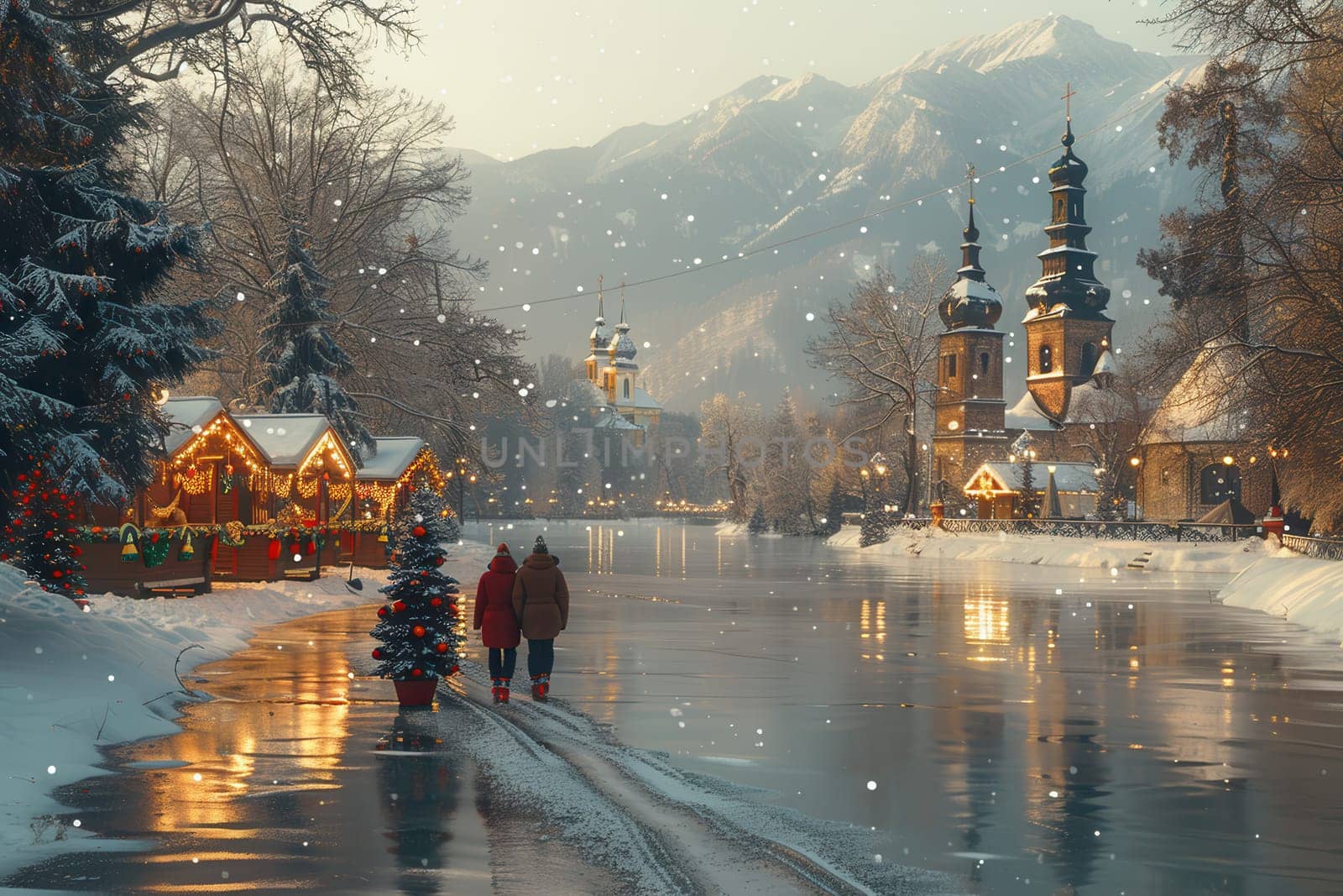 A stunning and picturesque snowy landscape featuring a charming little village adorned with beautiful holiday lights