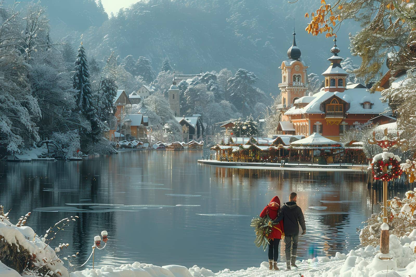 A serene winter scene featuring a couple by a snowy river with charming buildings in the background.