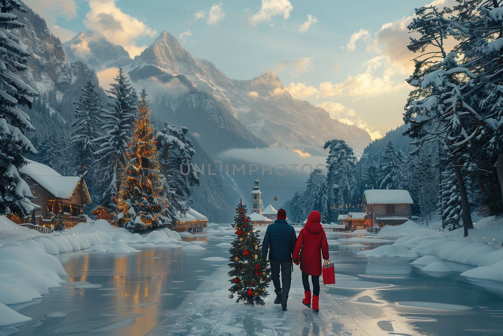A couple strolls hand in hand through a picturesque snowy landscape with shimmering holiday lights and tall trees