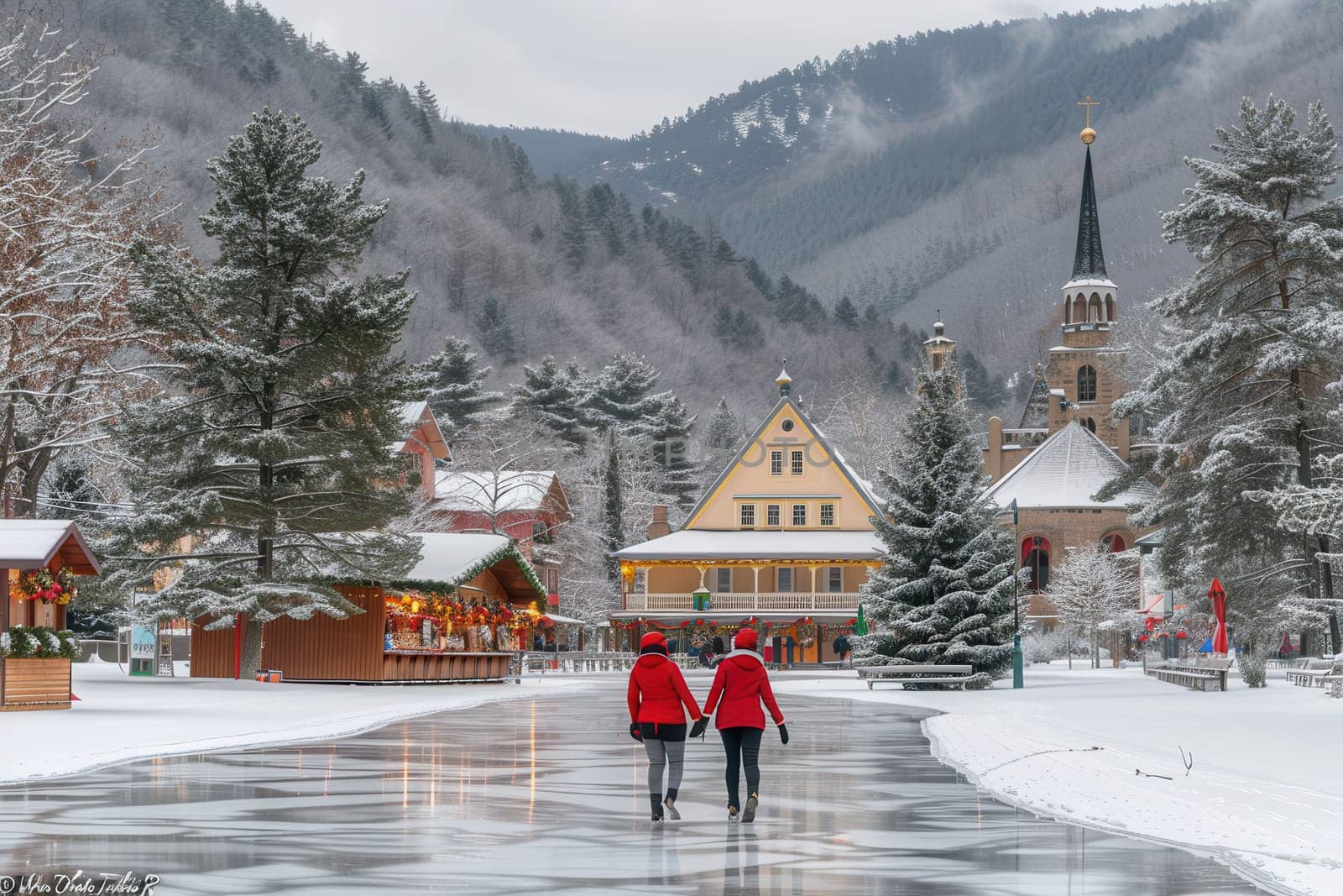 A happy couple is enjoying a serene winter stroll together through a beautiful snowy village landscape