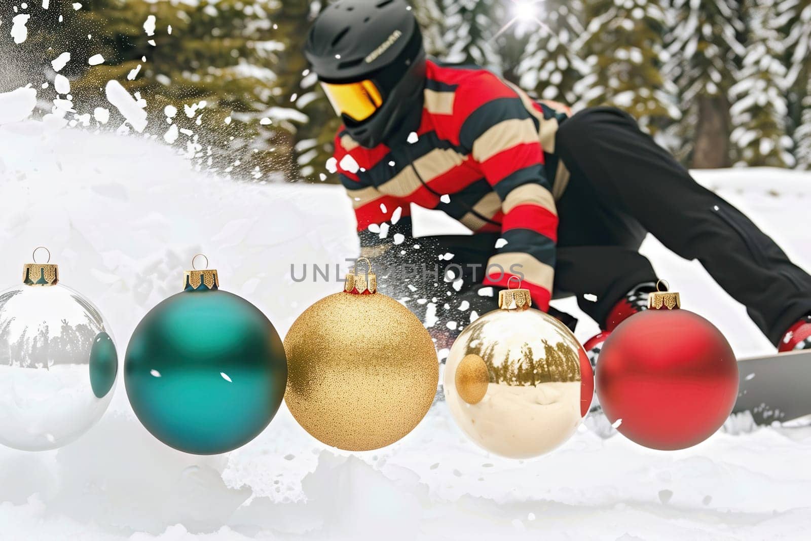 A snowboarder is joyously enjoying the fresh winter snow, completely surrounded by beautiful festive holiday ornaments