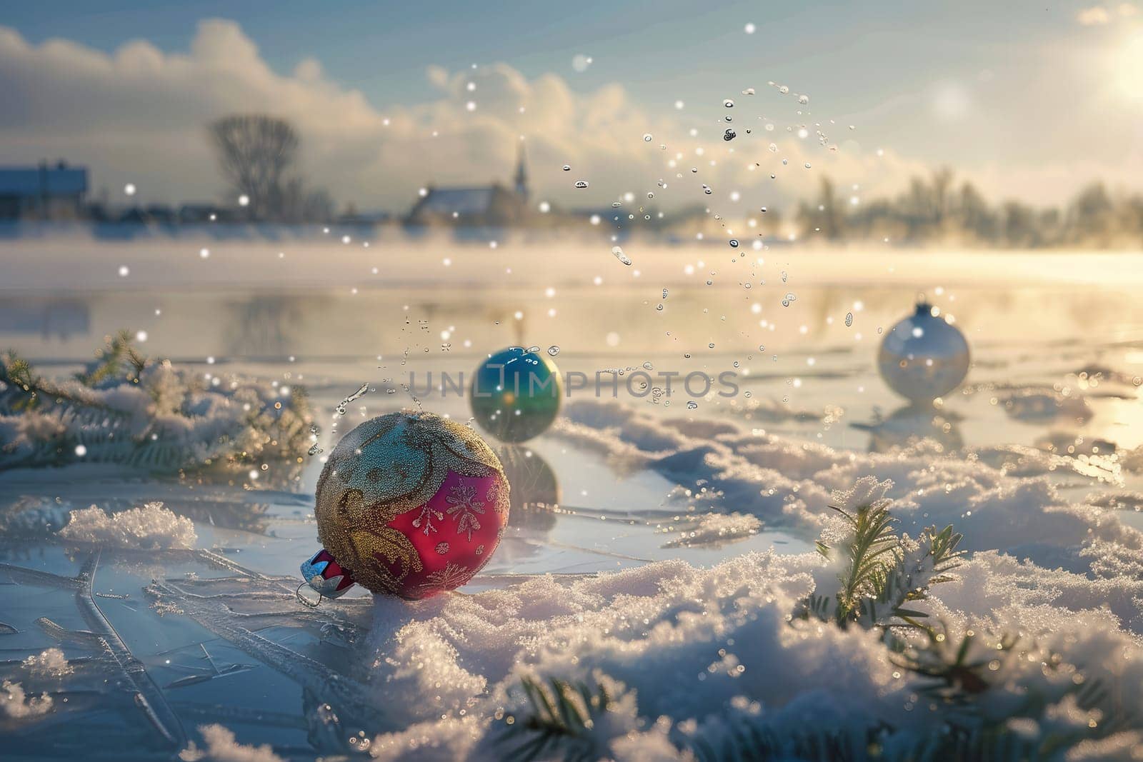 The vibrant Christmas ornaments are beautifully resting on the pristine snowcovered ground in a serene winter setting