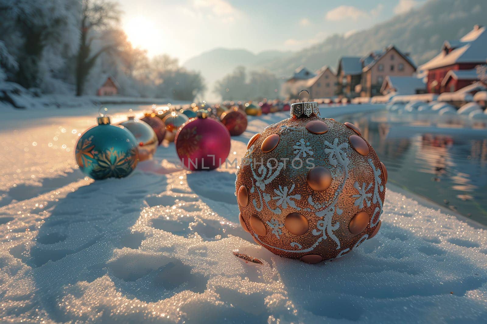 Festively vibrant ornaments are scattered across the snow, overlooking a tranquil river and picturesque winter scenery