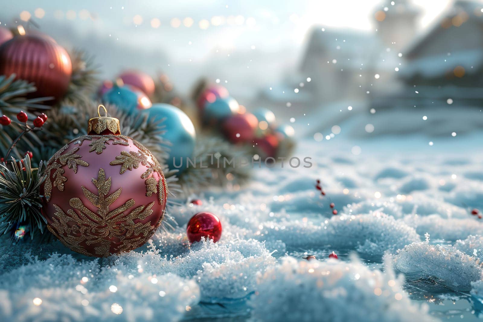 Festive Christmas ornaments are beautifully resting on soft layers of snow, perfectly capturing the holiday spirit