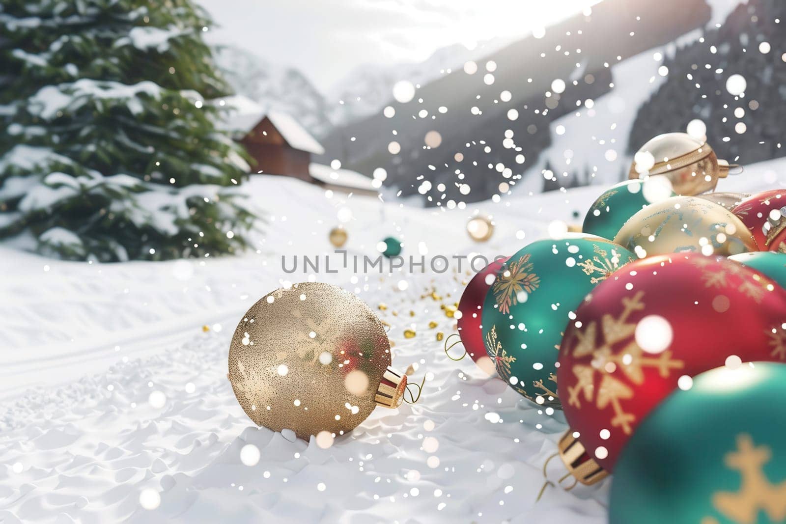 Festive ornaments scatter across the snow, creating a stunning winter backdrop for vibrant holiday themes