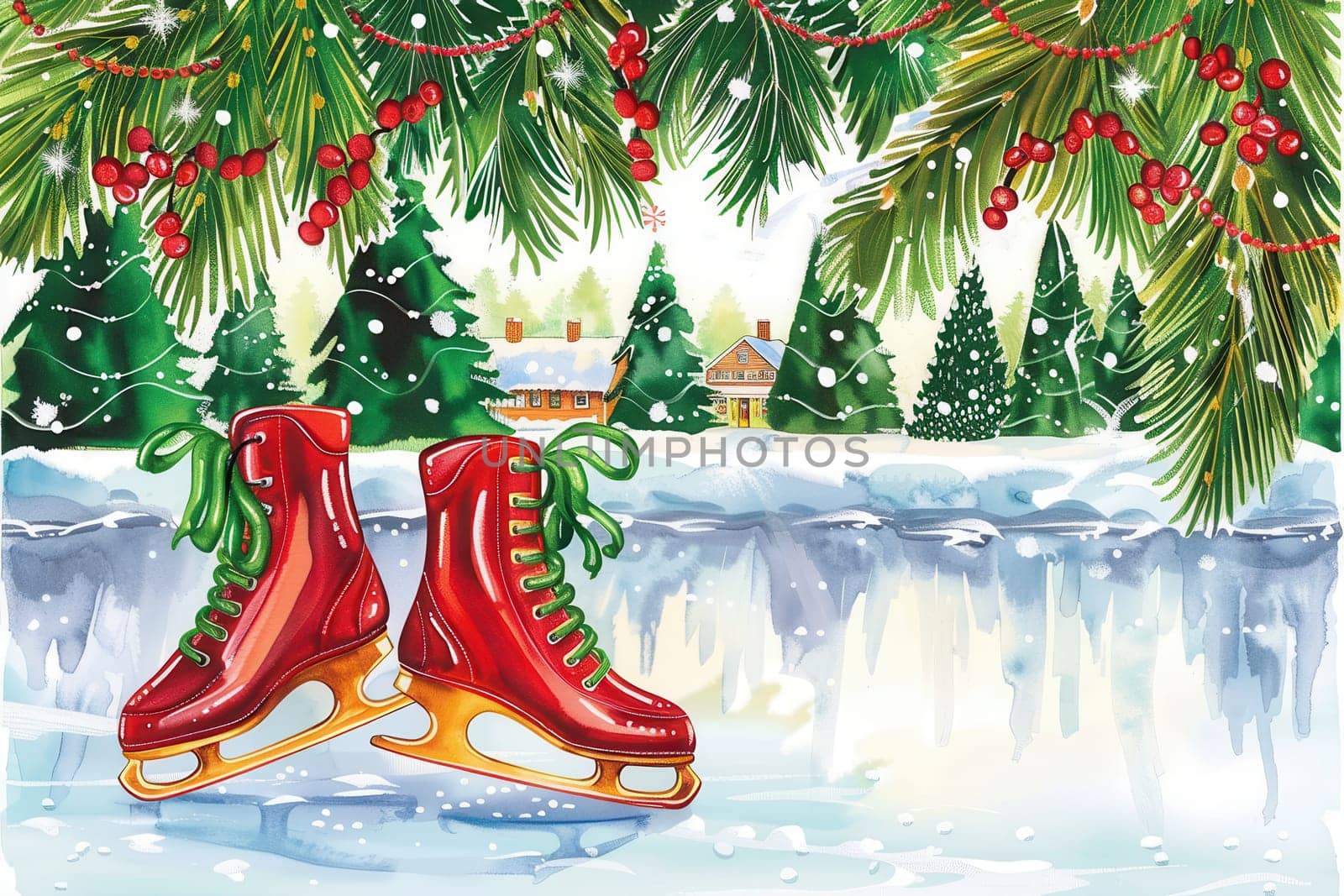 A delightful festive winter scene that features vibrant red ice skates, tall pine trees, and gently falling snowflakes