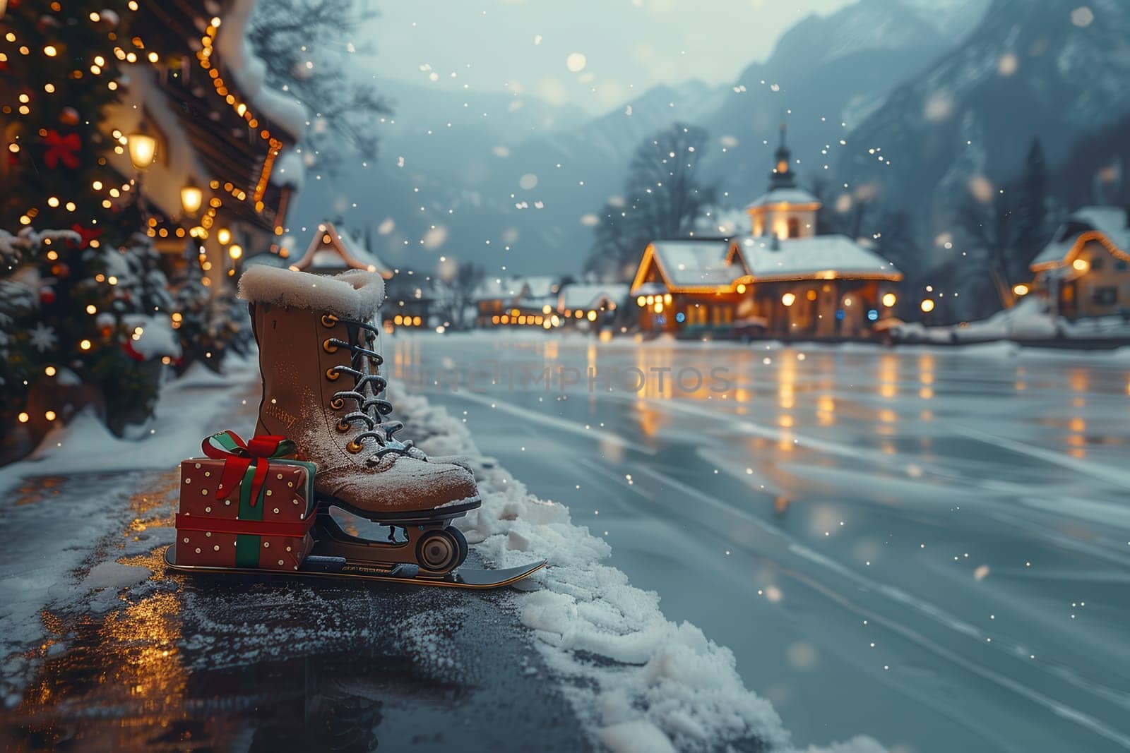 A cozy winter scene with ice skates on a frozen lake, gentle snowfall, and lovely holiday decorations