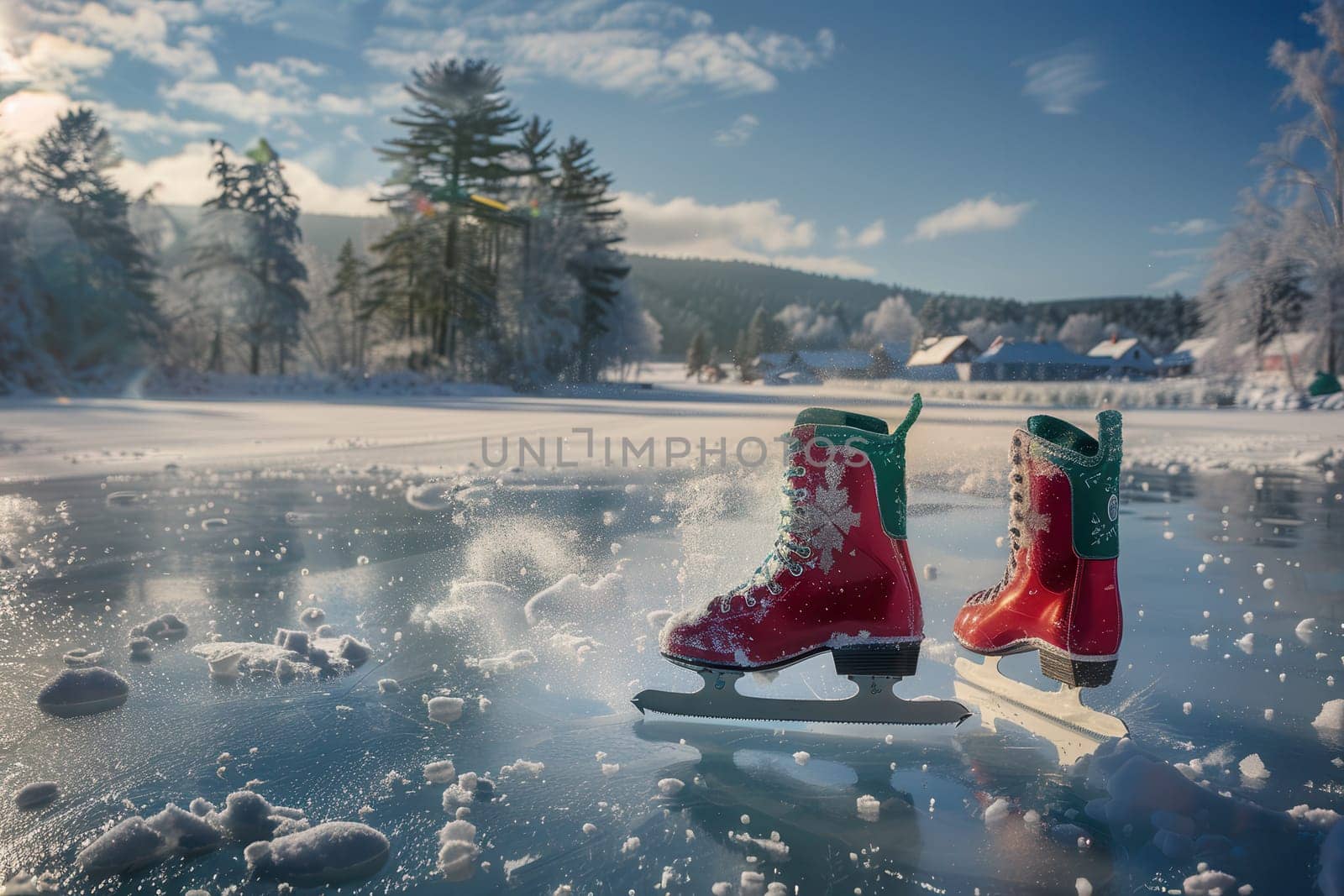 Vibrant and colorful ice skates rest comfortably on a glistening frozen lake surrounded by a winter landscape