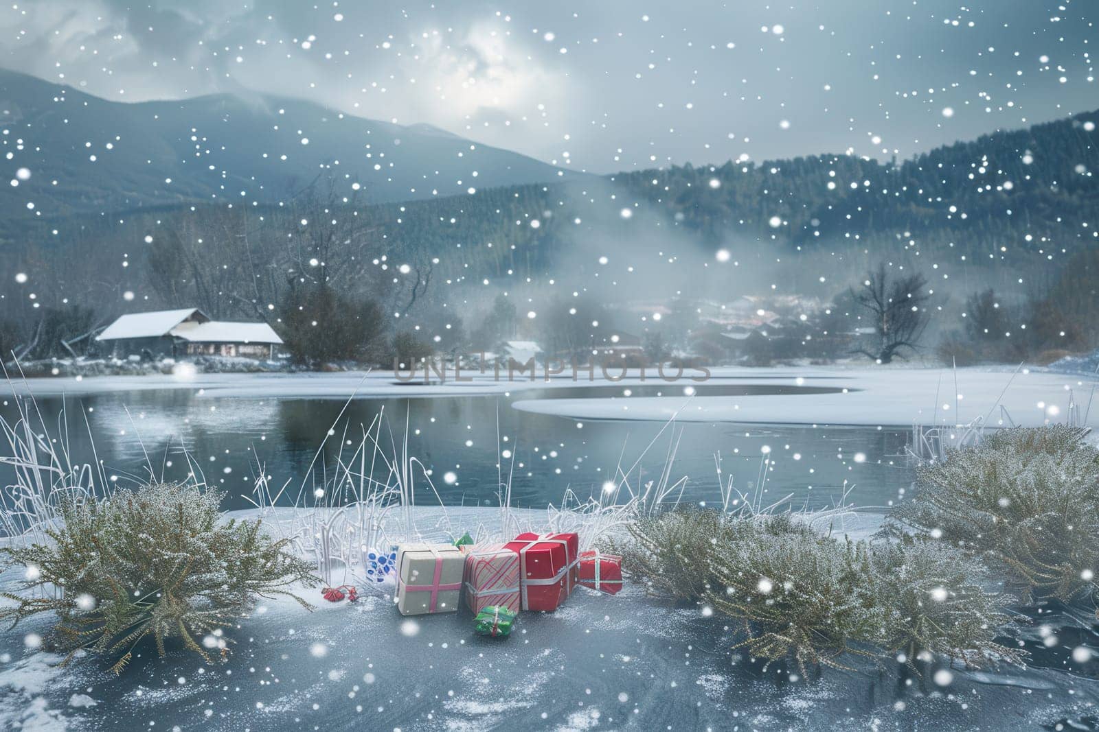 A serene winter scene with snow, a lovely lake, and joyful holiday gifts against a picturesque backdrop