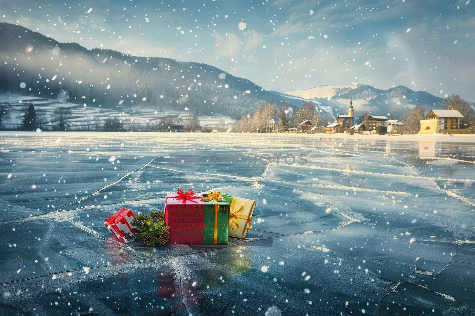 A colorful gift collection sits on a frozen lake, surrounded by glistening snow, creating a magical winter atmosphere