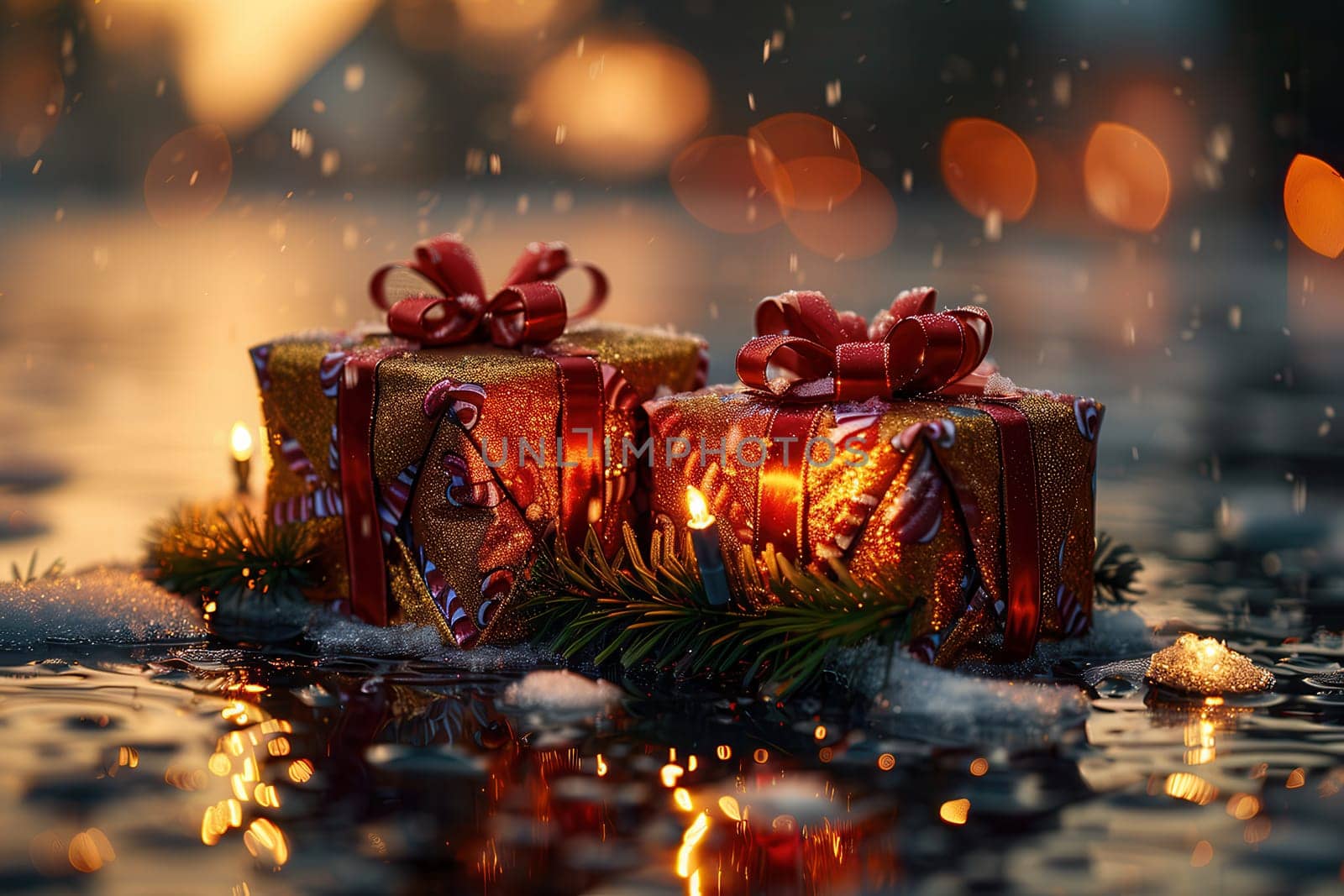 Festive holiday presents are arranged on a reflective surface, lit by glowing bokeh in a joyful winter setting