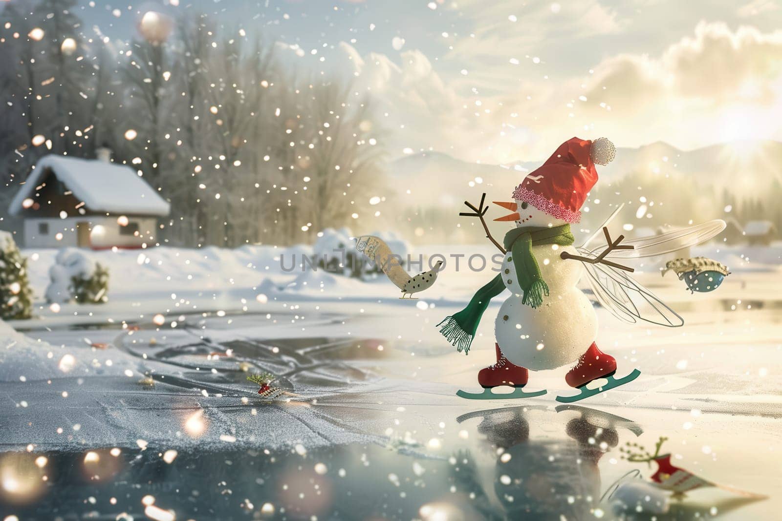 A delightful, playful snowman gracefully glides and skates on ice amidst a stunning, picturesque snowy landscape
