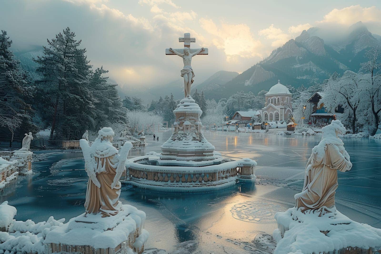 This picturesque snowy scene features elegant statues, a cross, and majestic mountains in the background