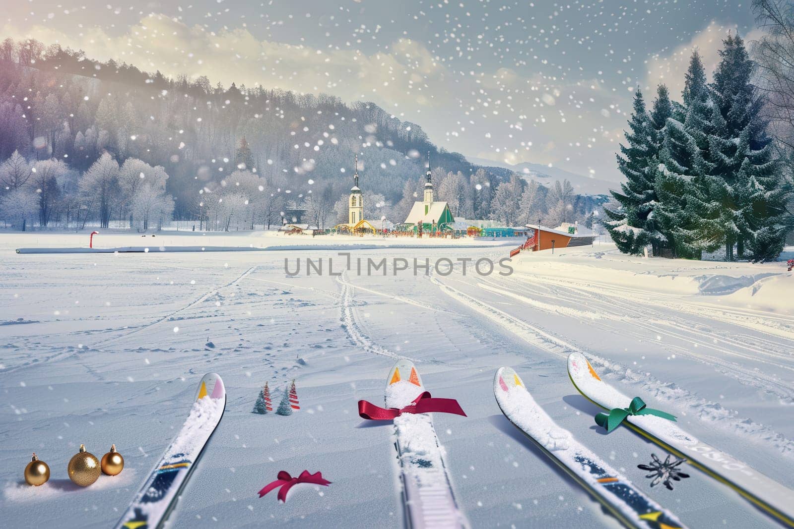 Experience the enchanting magic of winter season with skis and beautiful festive decorations in a snowy paradise