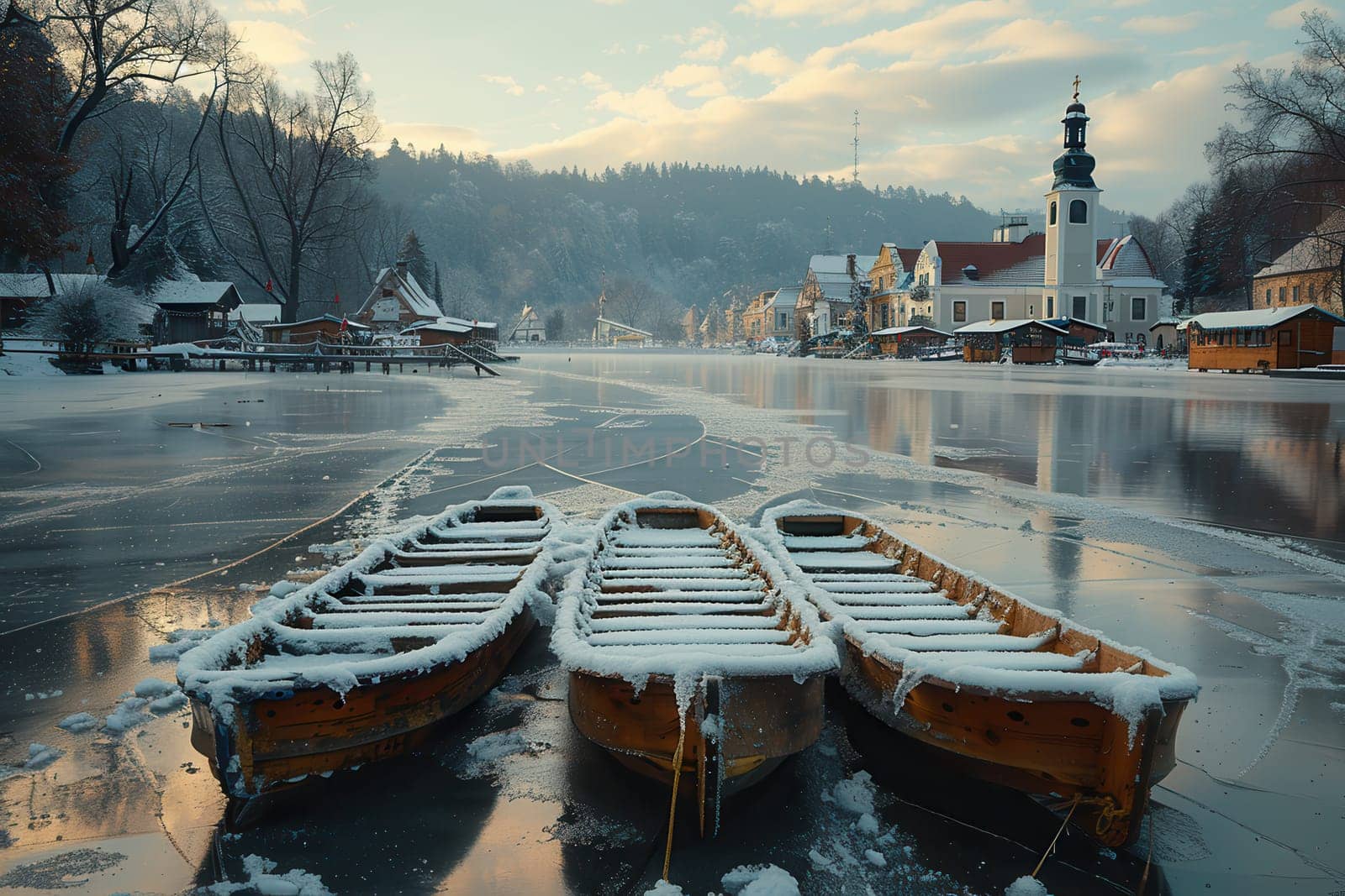 A serene winter scene with snowy boats on a frozen lake, complemented by a charming village backdrop