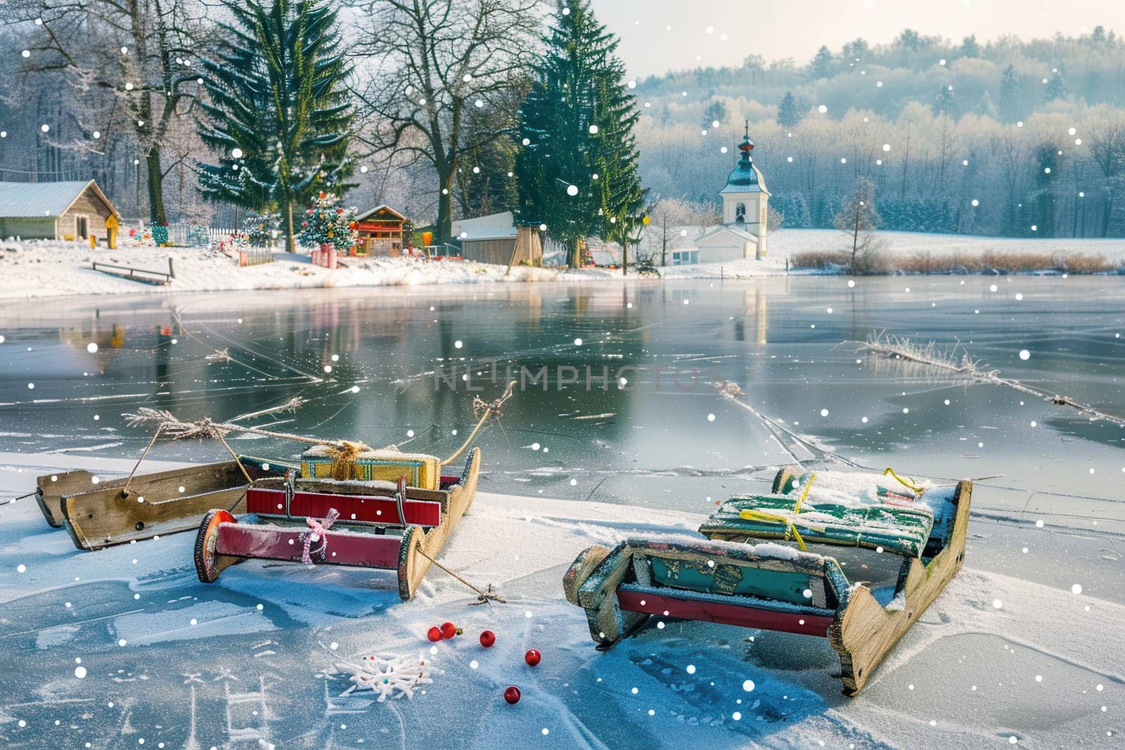 A serene and tranquil winter scene featuring colorful boats on a frozen lake, enveloped by gently falling snowflakes